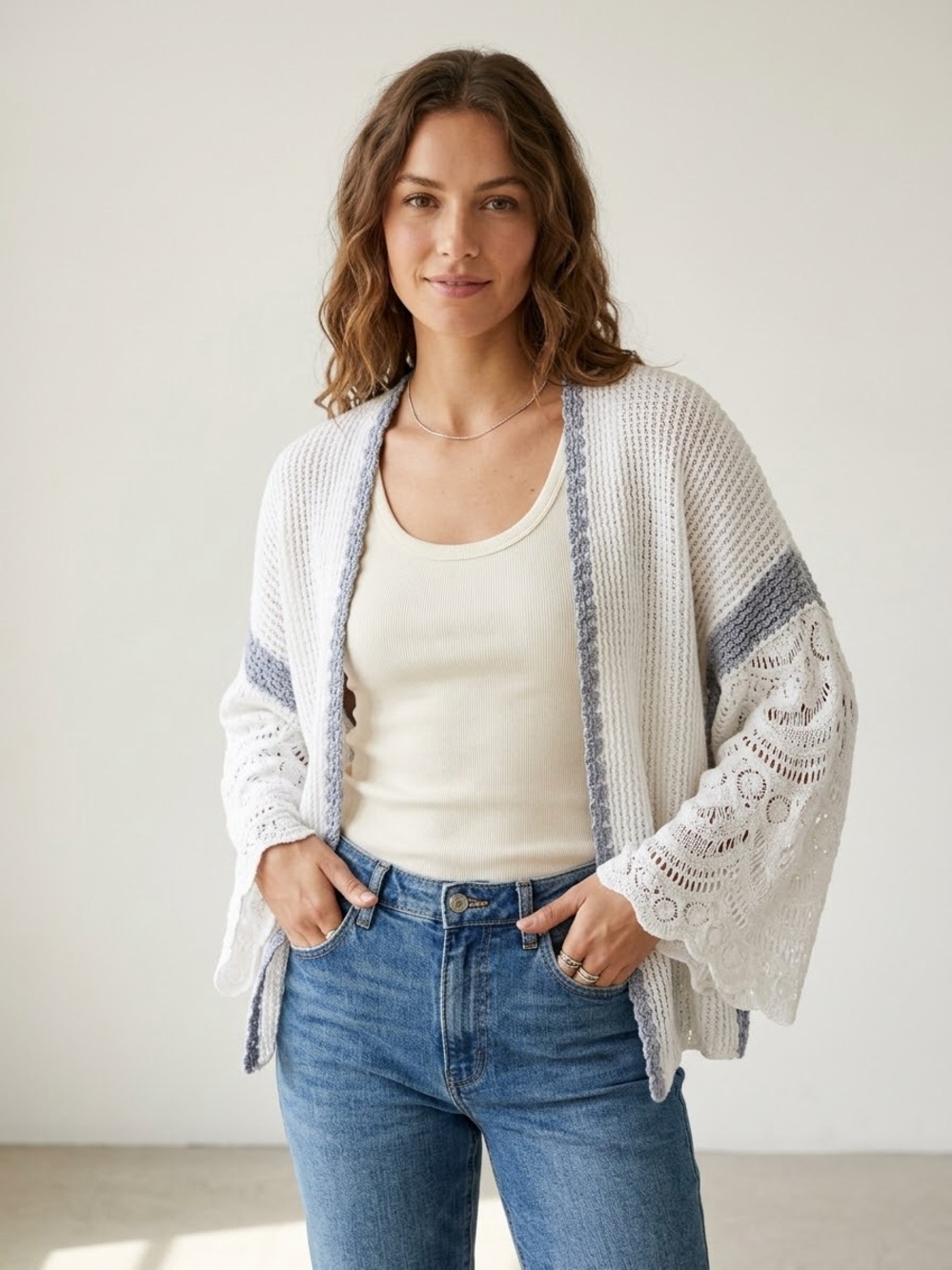 By Anthropologie Open Knit Crochet Kimono Cardigan Sweater Wide Bell Sleeve Boho